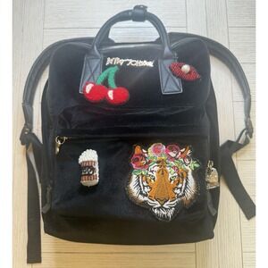 Betsy Johnson LG Blk Velvet Backpack W/ Appliqués, Beaded. Tiger, Cherries, Lips